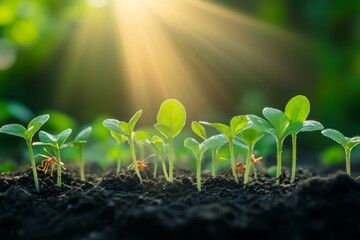 Sunlit seedlings sprouting in rich soil with ants. (1)