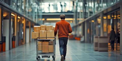 Obraz premium A man pushing a cart filled with boxes in a modern building. The scene conveys a sense of industry and purpose. This image captures the essence of logistics and delivery. AI