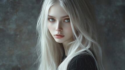 Portrait of a young woman with long, platinum blonde hair and green eyes.
