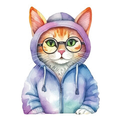 watercolors Cute cool cat wearing glasses illustration