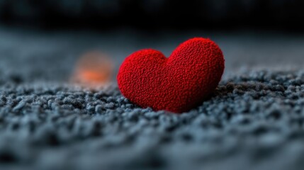 Obraz premium Red textured heart resting on a dark grey fuzzy surface with warm bokeh light in the background.