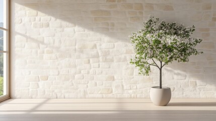 Light-filled room with a stone wall and a potted tree. Natural light streams through a window, casting soft shadows on the beige stone wall.  