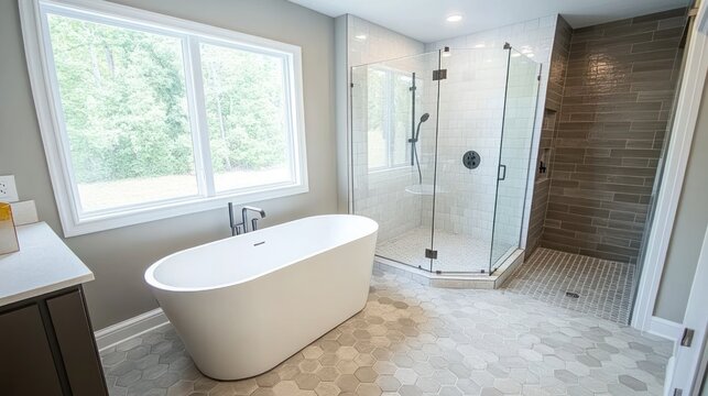 Modern, bright bathroom with soaking tub and walk-in shower