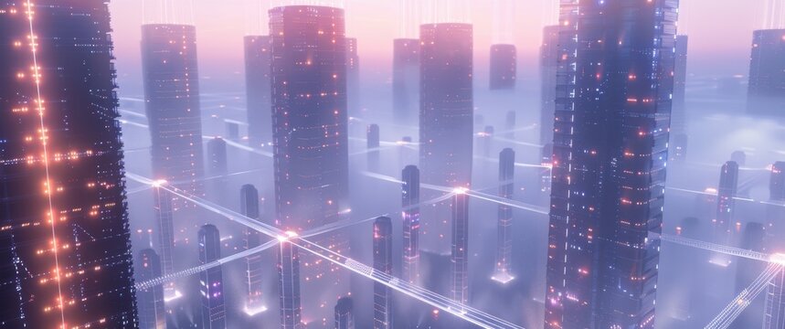 Sci-fi cityscape of towering data processors, light bridges connect virtual grid infrastructure, architectural style artifacts abound.