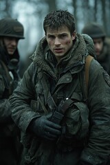 Fototapeta premium Soldier preparing for mission in rugged military attire during a cold, overcast day in a dense forest