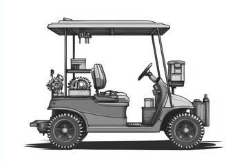 Naklejka premium Detailed Illustration of a Unique Golf Cart with Mechanical Features