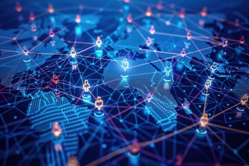 Virtual staff augmentation tech illustration blur, showing global talent network integration on a world map.