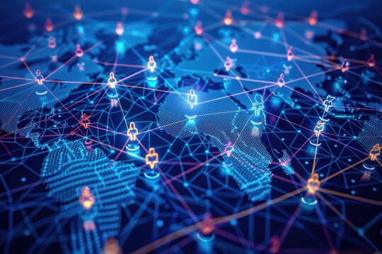 Virtual staff augmentation tech illustration blur, showing global talent network integration on a world map.