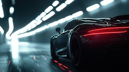 Fototapeta na wymiar Night Drive: Sleek Sports Car Speeds Through Neon Tunnel