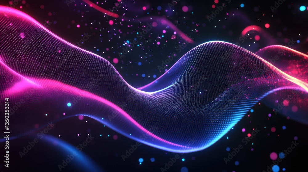 Aufkleber futuristic neon waves with glowing digital particles, dynamic flowing curves, sleek modern sci-fi aesthetic, radiant light against dark background, ultra-high detail