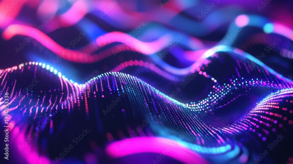 Poster futuristic neon wave patterns, fluid energy currents, glowing digital background with deep contrast, abstract movement with soft bokeh effects, mesmerizing sci-fi light flow