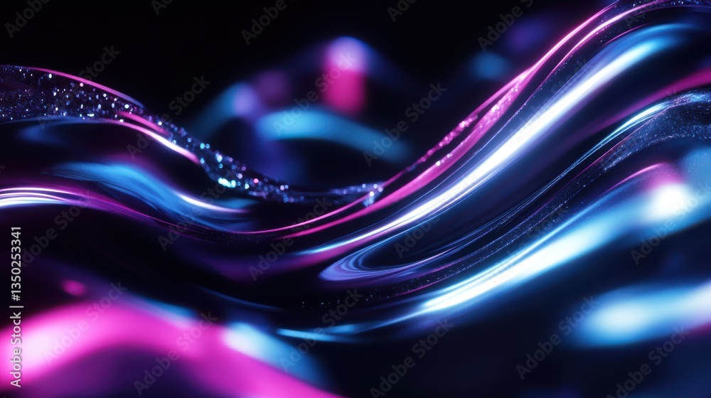 Poster futuristic neon wave patterns, fluid energy currents, glowing digital background with deep contrast, abstract movement with soft bokeh effects, mesmerizing sci-fi light flow