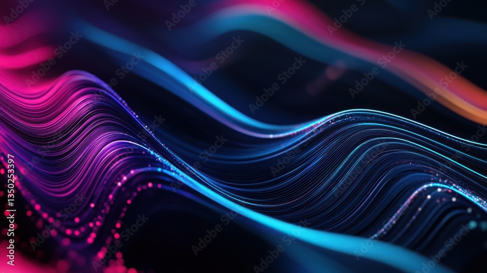 Poster futuristic neon wave patterns, fluid energy currents, glowing digital background with deep contrast, abstract movement with soft bokeh effects, mesmerizing sci-fi light flow