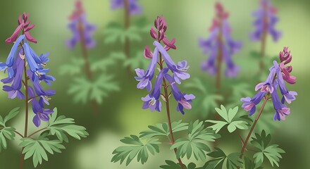 Obraz premium Blooming Corydalis Flowers in Natural Setting Spring Blossom Digital Art