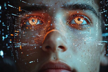 Eyes illuminated by digital patterns showcase the fusion of technology and human expression in a futuristic setting