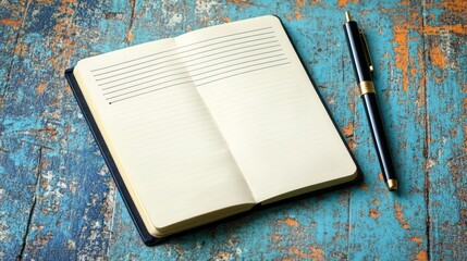 Blank notebook, pen, rustic wood, planning, design mockup