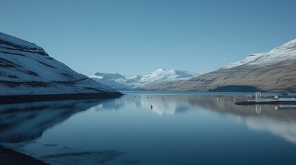 Obraz premium Calm winter fjord reflecting snow-capped mountains