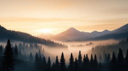 Fototapeta premium Misty Sunrise Over Mountain Range with Evergreen Forest in Tranquil Landscape
