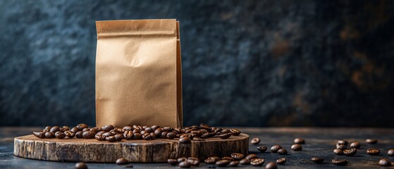 Coffee bag and beans on a wooden surface, against a dark backdrop