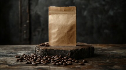 Coffee bag atop wooden stand with surrounding beans against rustic backdrop