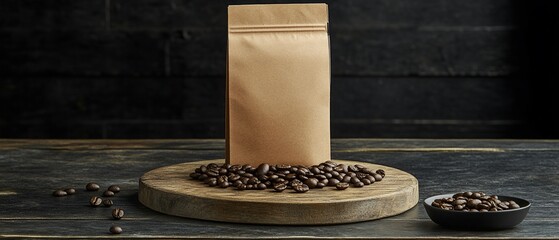 Coffee bag on wood with beans