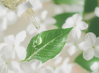 Applying Serum Drop on Green Leaf Surrounded by White Flowers