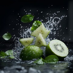 Fresh kiwi, lime splash, dark background, food photography
