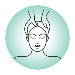 Vector icon for head massage and stress relief. Shows hands massaging a person’s head, symbolizing tension relief and relaxation.