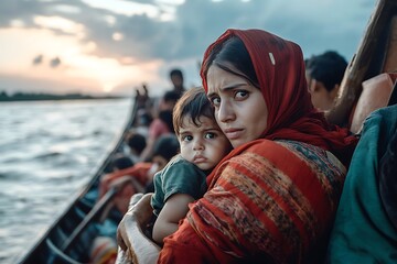 Rohingya refugees escaping persecution by boat at sunset