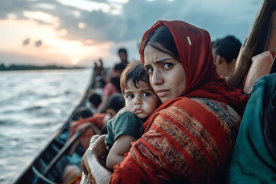 Rohingya refugees escaping persecution by boat at sunset