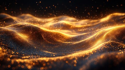 Glowing golden particles forming abstract wavy landscape.