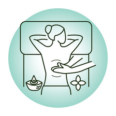 Vector icon for body massage and relaxation. Depicts a person receiving a massage with oil and flower, symbolizing wellness and stress relief.