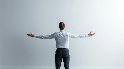 A man in a business suit stands with arms outstretched against a plain white wall, symbolizing freedom