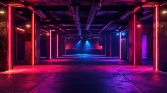 Neon-lit underground club, empty dance floor, pipes overhead, event space