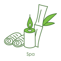 Vector icon for spa essentials and tranquility. Includes spa elements like candles, bamboo, and rolled towels for relaxation and rejuvenation.