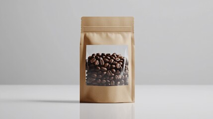 Coffee beans in a brown paper package with transparent window on white surface