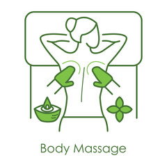 Vector icon for body massage and relaxation. Depicts a person receiving a massage with oil and flower, symbolizing wellness and stress relief.