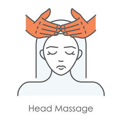 Vector icon for head massage and stress relief. Shows hands massaging a person’s head, symbolizing tension relief and relaxation.