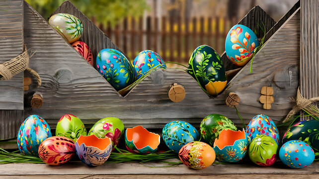 Hand-painted Easter eggs in a rustic wooden crate Springtime colorful decorative