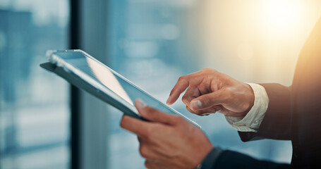 Office, employee and hands with tablet for research, UX design and software update with connection....
