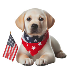 A Labrador puppy wearing a red, white, and blue bandana, with a small American flag beside it, isolated on transparent background