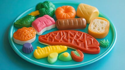 A vibrant arrangement of plastic toy food—fish, bread, and vegetables—on a plate, offering a playful yet pointed critique of modern diet culture and the artificiality of processed, junk food norms.
