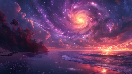 Cosmic sunset over a tranquil beach with swirling galaxy above and palm trees silhouetted
