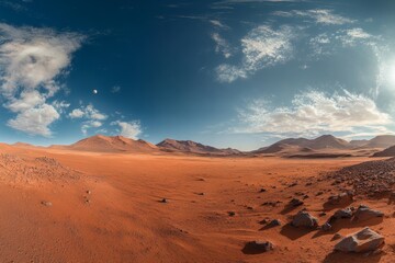 Naklejka premium Panoramic view of red desert landscape under a vibrant blue sky with scattered clouds.