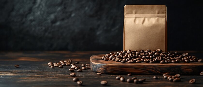 Coffee beans with a bag, on a wooden board. Dark background