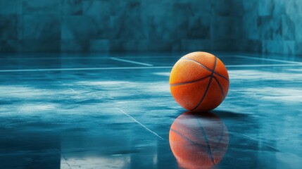 Basketball court, lone ball, reflective floor, urban gym, game prep