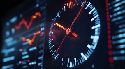 High-tech digital dashboard displaying data analytics and time in a modern workspace
