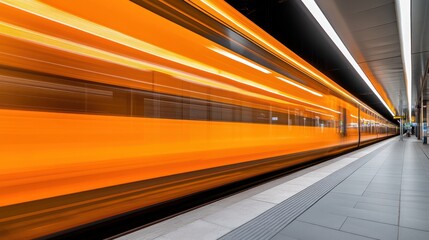 Orange train speeding through modern station platform