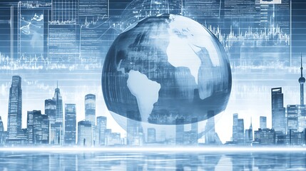 Global finance, city skyline, data.