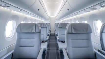 Fototapeta premium Modern Airplane Interior with Empty Seats and Illuminated Cabin for Travel and Transportation Concepts